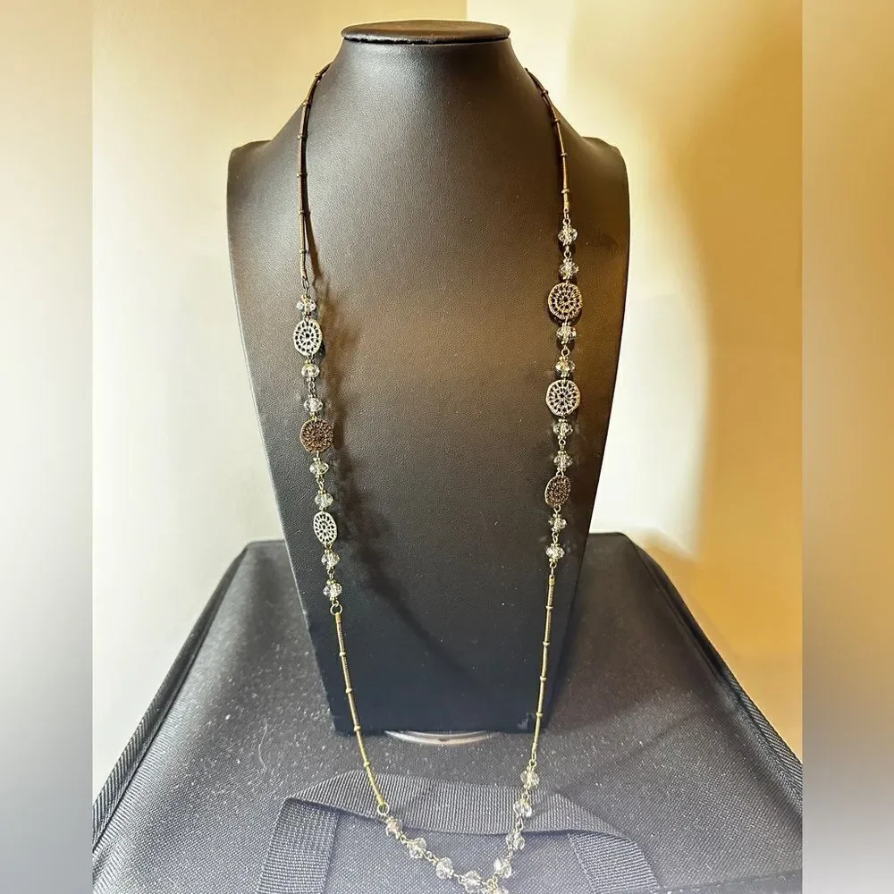36” brass tone metal with glass‎ crystal beads, necklace!